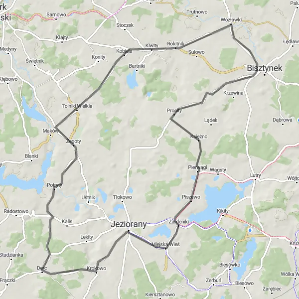 Map miniature of "Scenic Countryside: Bisztynek to Wozławki" cycling inspiration in Warmińsko-mazurskie, Poland. Generated by Tarmacs.app cycling route planner