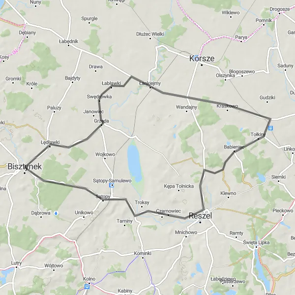 Map miniature of "Bisztynek Kraskowo Circuit" cycling inspiration in Warmińsko-mazurskie, Poland. Generated by Tarmacs.app cycling route planner
