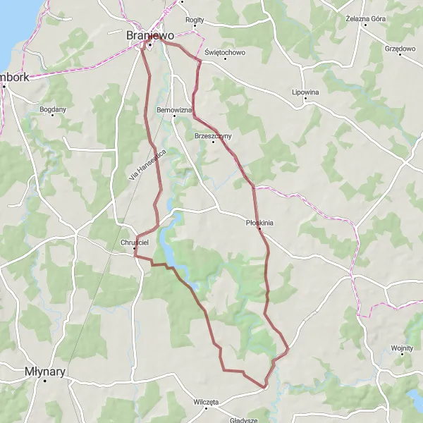 Miniatura mapy "Trasa Gravelowa wokół Braniewa" - trasy rowerowej w Warmińsko-mazurskie, Poland. Wygenerowane przez planer tras rowerowych Tarmacs.app