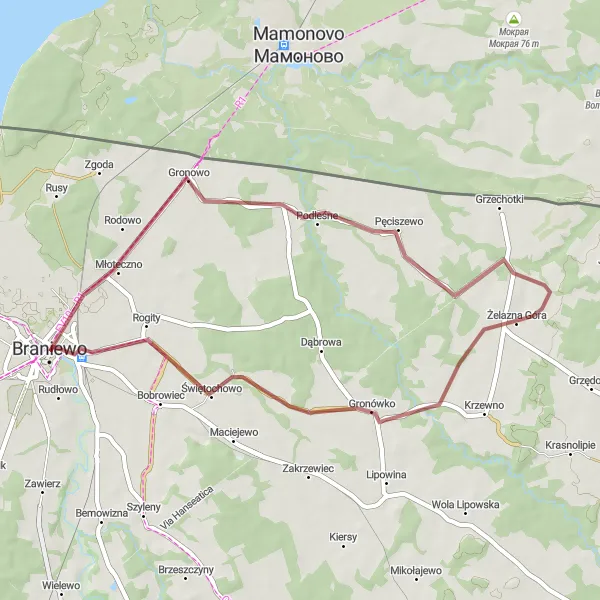 Map miniature of "Gravel Adventure to Pęciszewo and Drewniana kładka piesza" cycling inspiration in Warmińsko-mazurskie, Poland. Generated by Tarmacs.app cycling route planner