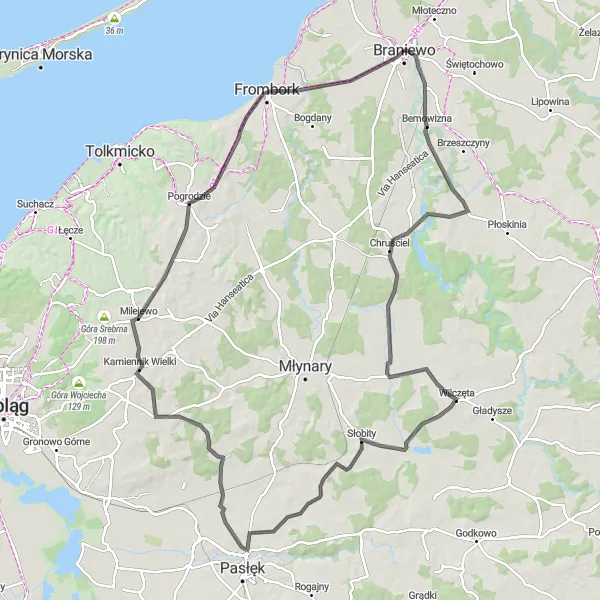 Map miniature of "Challenge to Góra Milejewska and Panorama okolicy z wieży" cycling inspiration in Warmińsko-mazurskie, Poland. Generated by Tarmacs.app cycling route planner