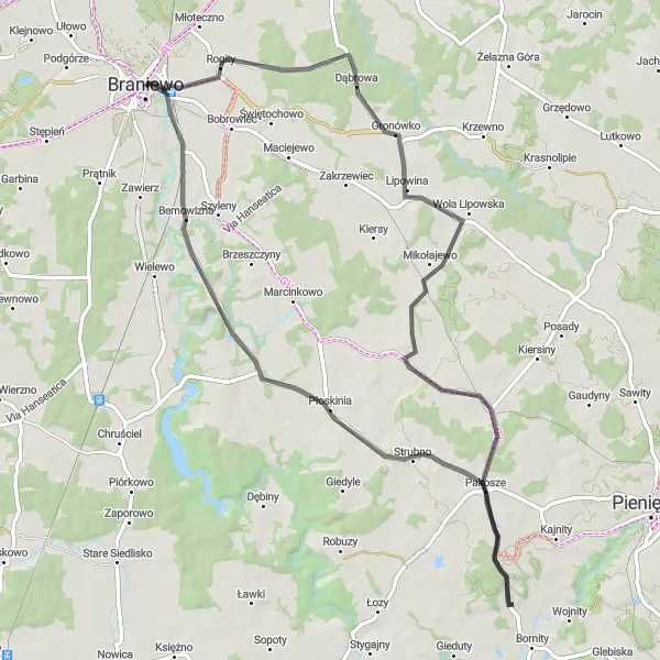 Map miniature of "The Scenic Route" cycling inspiration in Warmińsko-mazurskie, Poland. Generated by Tarmacs.app cycling route planner