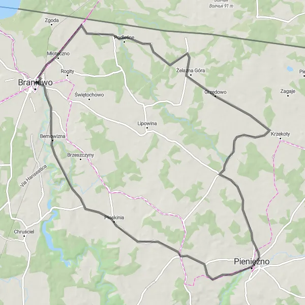 Map miniature of "Scenic Tour to Gronowo and Piotrowiec" cycling inspiration in Warmińsko-mazurskie, Poland. Generated by Tarmacs.app cycling route planner