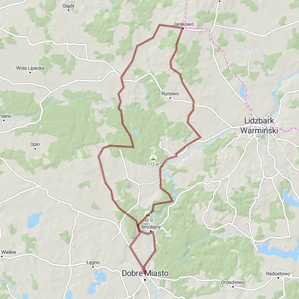 Miniatura mapy "Trasa przez Janikowo i Smolajny" - trasy rowerowej w Warmińsko-mazurskie, Poland. Wygenerowane przez planer tras rowerowych Tarmacs.app