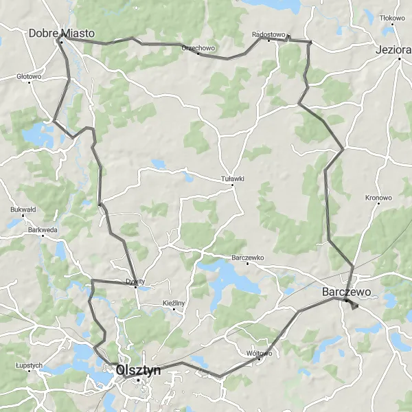 Miniatura mapy "Wędrówka przez Warmię i Mazury na rowerze szosowym" - trasy rowerowej w Warmińsko-mazurskie, Poland. Wygenerowane przez planer tras rowerowych Tarmacs.app