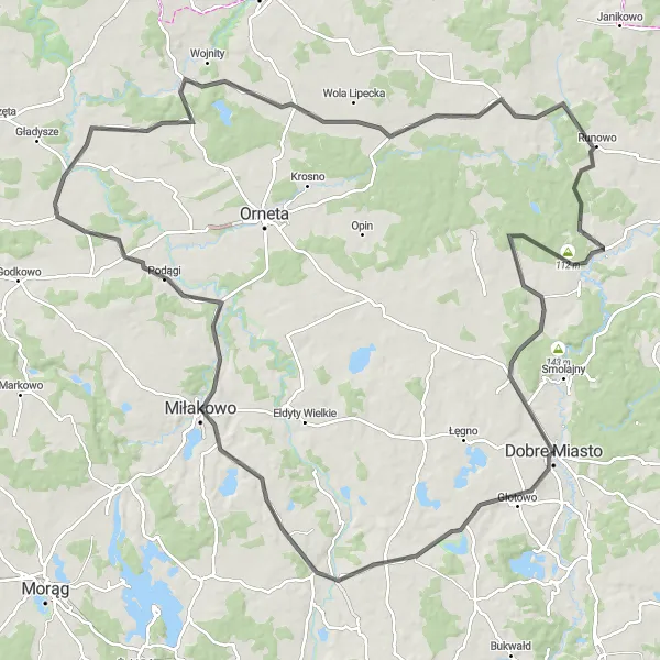 Miniatura mapy "Magiczna trasa szosowa z Dobre Miasto do Runowo" - trasy rowerowej w Warmińsko-mazurskie, Poland. Wygenerowane przez planer tras rowerowych Tarmacs.app