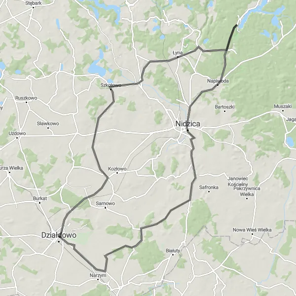 Miniatura mapy "Trasa wokół Działdowa i Nidzicy" - trasy rowerowej w Warmińsko-mazurskie, Poland. Wygenerowane przez planer tras rowerowych Tarmacs.app