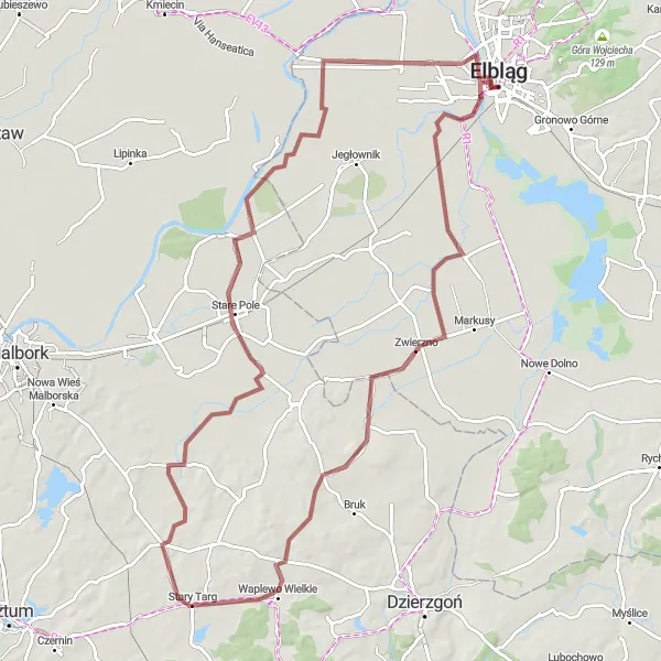 Map miniature of "Scenic Gravel Route to Stare Pole" cycling inspiration in Warmińsko-mazurskie, Poland. Generated by Tarmacs.app cycling route planner