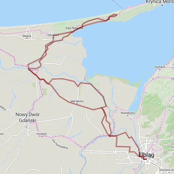 Map miniature of "Elbląg Loop" cycling inspiration in Warmińsko-mazurskie, Poland. Generated by Tarmacs.app cycling route planner