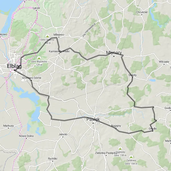 Map miniature of "Góra Milejewska Challenge" cycling inspiration in Warmińsko-mazurskie, Poland. Generated by Tarmacs.app cycling route planner