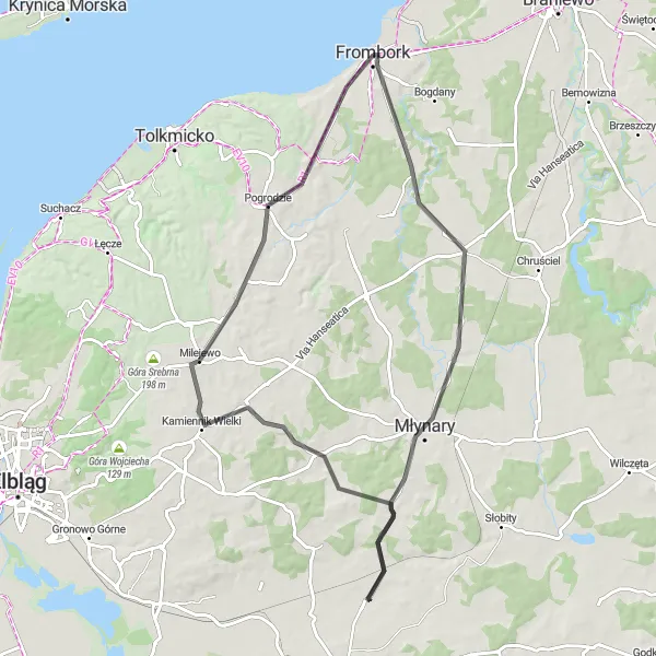 Miniatura mapy "Trasa do Młynary i Pogrodzia" - trasy rowerowej w Warmińsko-mazurskie, Poland. Wygenerowane przez planer tras rowerowych Tarmacs.app