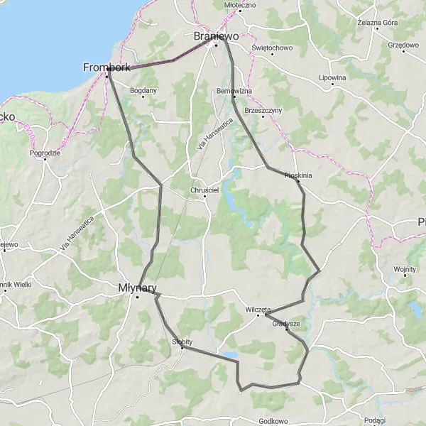 Miniatura mapy "Trasa widokowa przez Braniewo" - trasy rowerowej w Warmińsko-mazurskie, Poland. Wygenerowane przez planer tras rowerowych Tarmacs.app
