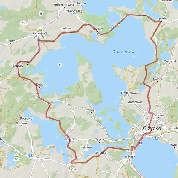 Map miniature of "Gravel Lakeside Exploration" cycling inspiration in Warmińsko-mazurskie, Poland. Generated by Tarmacs.app cycling route planner