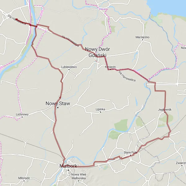 Miniatura mapy "Trasa szlakiem rowerowym na szutrze w okolicach Gronowa Elbląskiego" - trasy rowerowej w Warmińsko-mazurskie, Poland. Wygenerowane przez planer tras rowerowych Tarmacs.app