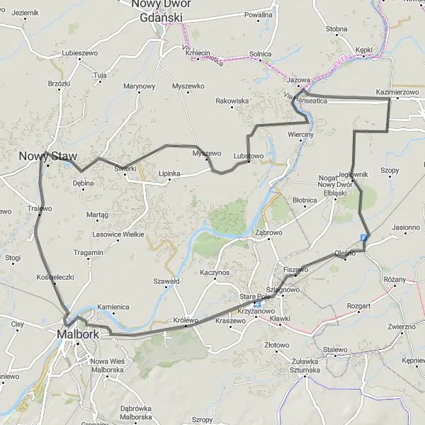 Map miniature of "Riverside Beauty" cycling inspiration in Warmińsko-mazurskie, Poland. Generated by Tarmacs.app cycling route planner