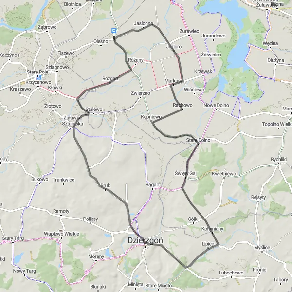 Map miniature of "The Forest Adventure" cycling inspiration in Warmińsko-mazurskie, Poland. Generated by Tarmacs.app cycling route planner