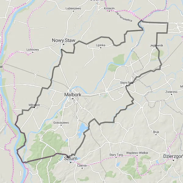 Map miniature of "The Countryside Route" cycling inspiration in Warmińsko-mazurskie, Poland. Generated by Tarmacs.app cycling route planner