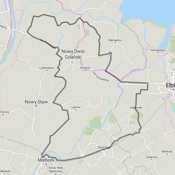 Map miniature of "The Coastal Ride" cycling inspiration in Warmińsko-mazurskie, Poland. Generated by Tarmacs.app cycling route planner