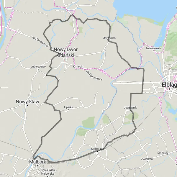 Miniatura mapy "Szlakiem Fiszewa i Szkarpawy" - trasy rowerowej w Warmińsko-mazurskie, Poland. Wygenerowane przez planer tras rowerowych Tarmacs.app
