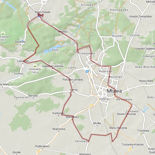 Map miniature of "Gravel Gems" cycling inspiration in Warmińsko-mazurskie, Poland. Generated by Tarmacs.app cycling route planner