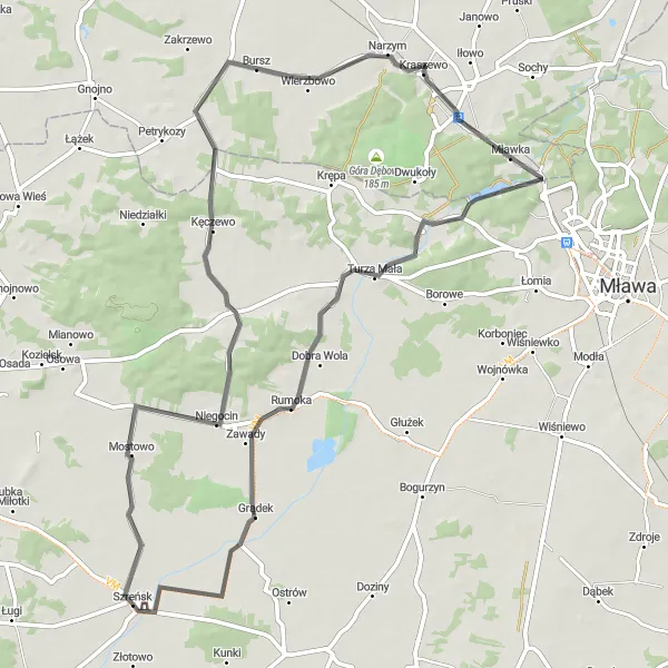 Map miniature of "Rumoka and Chochołatka Loop" cycling inspiration in Warmińsko-mazurskie, Poland. Generated by Tarmacs.app cycling route planner