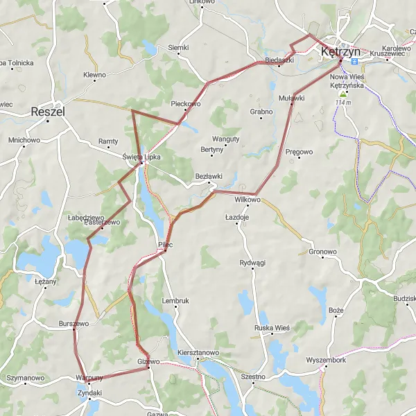 Map miniature of "Gravel Adventure" cycling inspiration in Warmińsko-mazurskie, Poland. Generated by Tarmacs.app cycling route planner