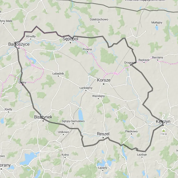 Map miniature of "Warmińsko-mazurskie Loop" cycling inspiration in Warmińsko-mazurskie, Poland. Generated by Tarmacs.app cycling route planner