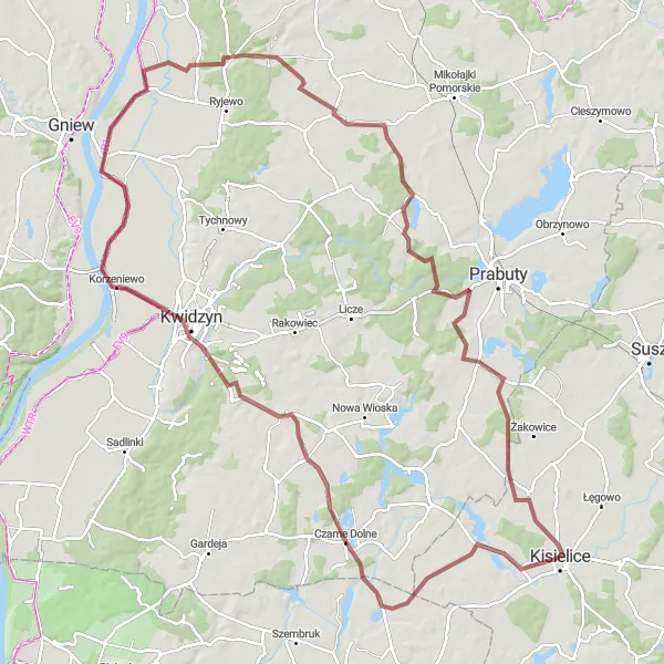 Miniatura mapy "Trasy gravelowe Limża - Kwidzyn - Jarzębina" - trasy rowerowej w Warmińsko-mazurskie, Poland. Wygenerowane przez planer tras rowerowych Tarmacs.app
