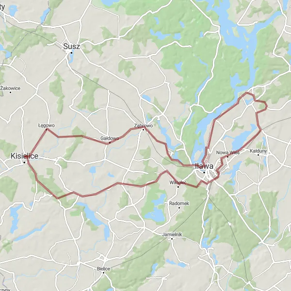 Miniatura mapy "Trasa Gravelowa w okolicach Kisielic" - trasy rowerowej w Warmińsko-mazurskie, Poland. Wygenerowane przez planer tras rowerowych Tarmacs.app