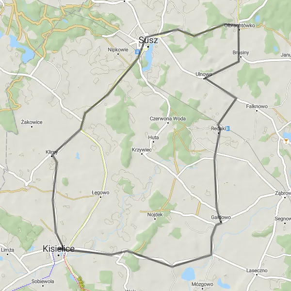 Miniatura mapy "Kisielice - Susz - Redaki - Ogrodzieniec" - trasy rowerowej w Warmińsko-mazurskie, Poland. Wygenerowane przez planer tras rowerowych Tarmacs.app