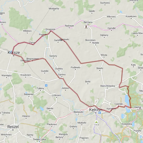 Map miniature of "The Tranquil Kruszewiec Loop" cycling inspiration in Warmińsko-mazurskie, Poland. Generated by Tarmacs.app cycling route planner
