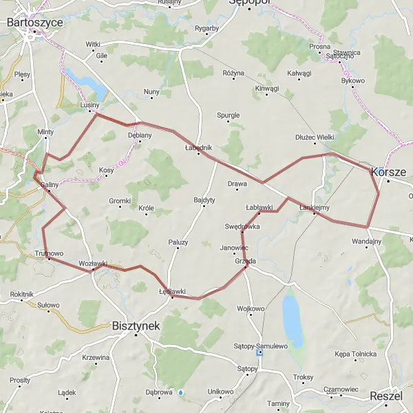 Miniatura mapy "Trasa przez Grzędę i Galiny" - trasy rowerowej w Warmińsko-mazurskie, Poland. Wygenerowane przez planer tras rowerowych Tarmacs.app