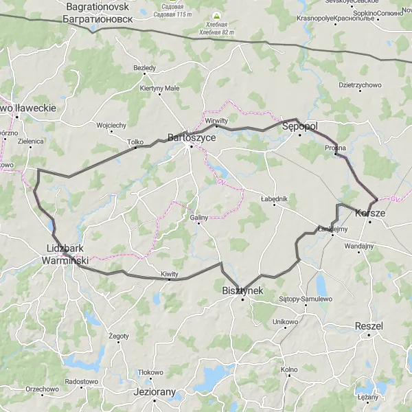 Map miniature of "Korsze - Bisztynek Loop" cycling inspiration in Warmińsko-mazurskie, Poland. Generated by Tarmacs.app cycling route planner