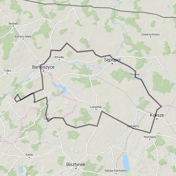 Map miniature of "Bartoszyce Scenic Ride" cycling inspiration in Warmińsko-mazurskie, Poland. Generated by Tarmacs.app cycling route planner