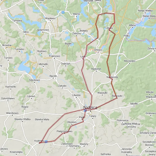 Map miniature of "Napiwoda Gravel Loop" cycling inspiration in Warmińsko-mazurskie, Poland. Generated by Tarmacs.app cycling route planner