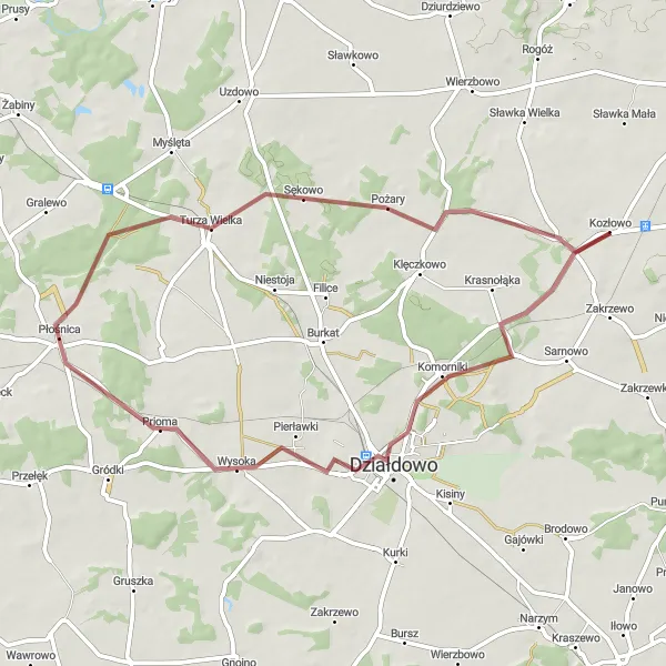 Map miniature of "Działdowo Gravel Ride" cycling inspiration in Warmińsko-mazurskie, Poland. Generated by Tarmacs.app cycling route planner