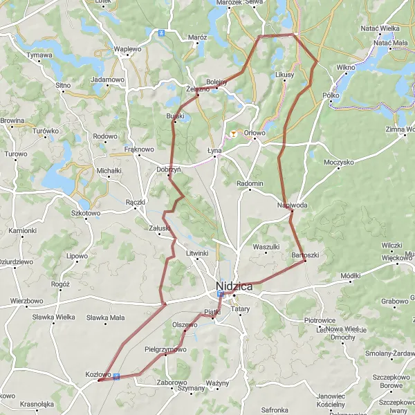 Map miniature of "Scenic Gravel Ride to Nidzica" cycling inspiration in Warmińsko-mazurskie, Poland. Generated by Tarmacs.app cycling route planner