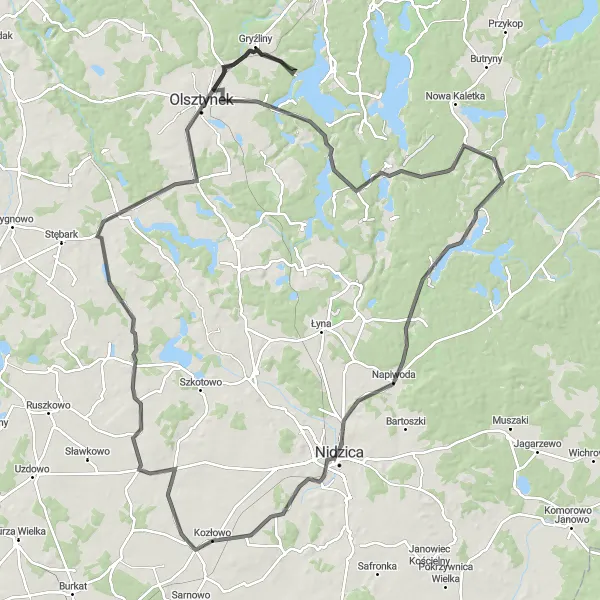 Miniatura mapy "Przejażdżka Szosowa Przez Warmię i Mazury" - trasy rowerowej w Warmińsko-mazurskie, Poland. Wygenerowane przez planer tras rowerowych Tarmacs.app