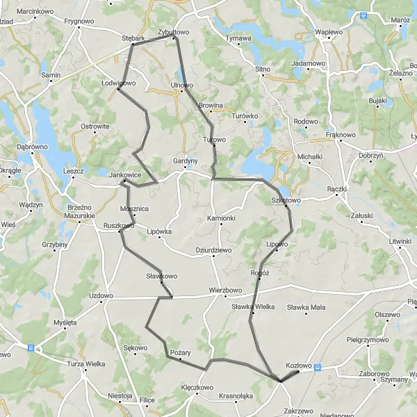 Map miniature of "Osiekowo and Rogóż Cycling Route" cycling inspiration in Warmińsko-mazurskie, Poland. Generated by Tarmacs.app cycling route planner