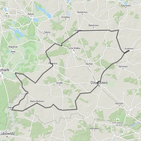 Map miniature of "Działdowo Road Cycling Challenge" cycling inspiration in Warmińsko-mazurskie, Poland. Generated by Tarmacs.app cycling route planner