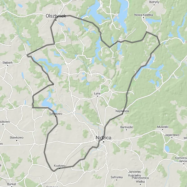 Map miniature of "Picturesque Loop to Nidzica and Olsztynek" cycling inspiration in Warmińsko-mazurskie, Poland. Generated by Tarmacs.app cycling route planner