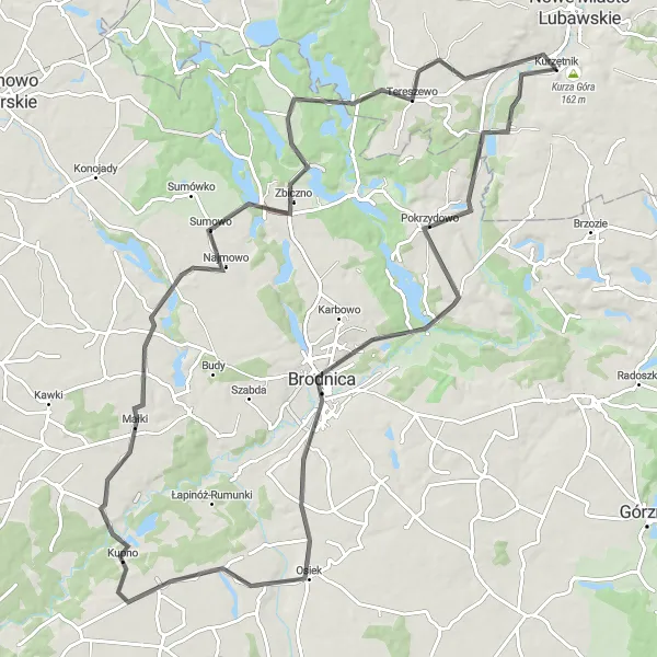 Miniatura mapy "Szlak dookoła Brodnickiego Parku Krajobrazowego" - trasy rowerowej w Warmińsko-mazurskie, Poland. Wygenerowane przez planer tras rowerowych Tarmacs.app