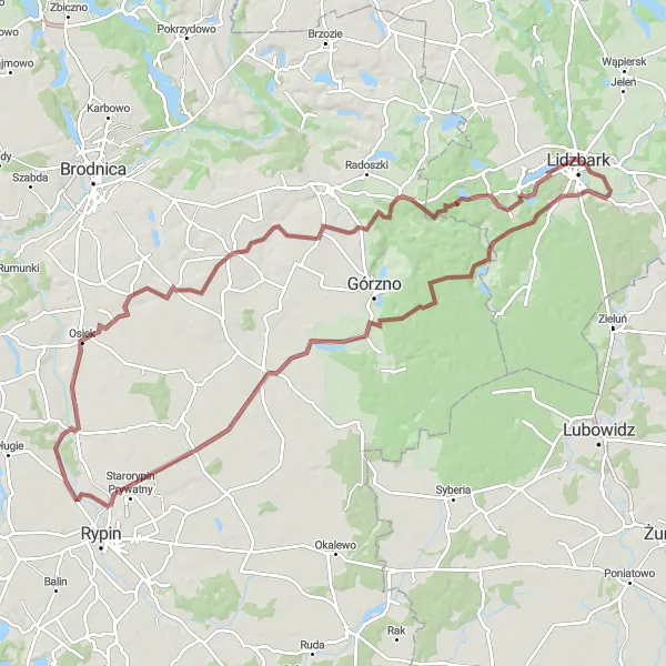Miniatura mapy "Szutrowa trasa przez Świedziebnia, Strzygi, Lidzbark" - trasy rowerowej w Warmińsko-mazurskie, Poland. Wygenerowane przez planer tras rowerowych Tarmacs.app