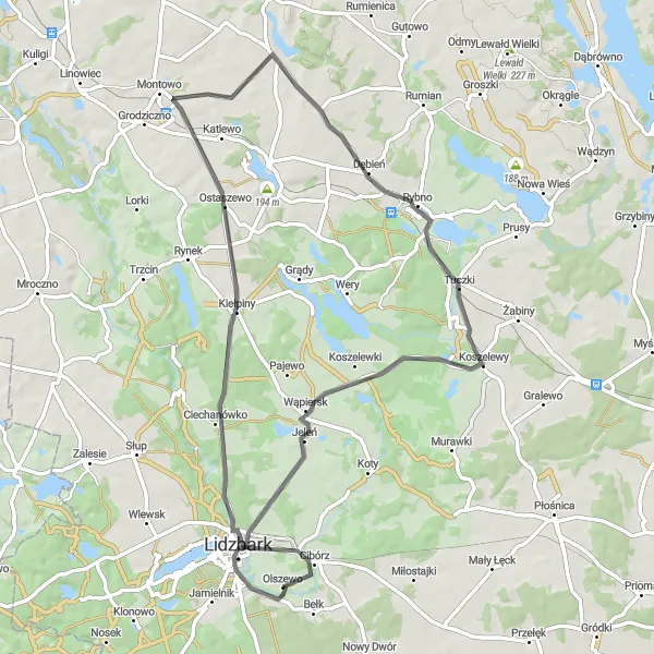 Miniatura mapy "Sceniczna trasa przez Kiełpiny, Zwiniarz, Tuczki, Lidzbark" - trasy rowerowej w Warmińsko-mazurskie, Poland. Wygenerowane przez planer tras rowerowych Tarmacs.app