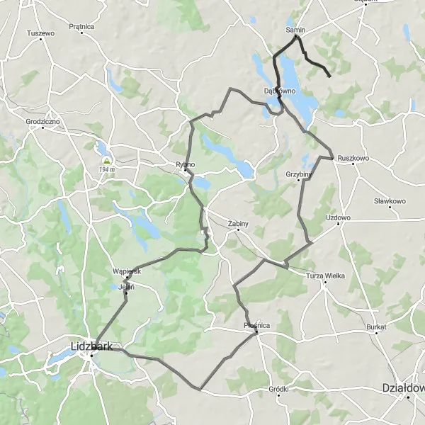 Miniatura mapy "Malownicza trasa przez Lewałd Wielki, Samin, Myślęta" - trasy rowerowej w Warmińsko-mazurskie, Poland. Wygenerowane przez planer tras rowerowych Tarmacs.app