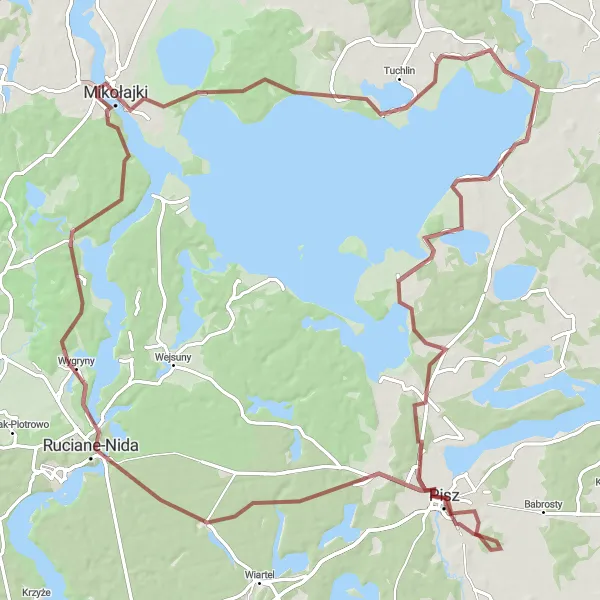 Map miniature of "Mikołajki Lake Loop" cycling inspiration in Warmińsko-mazurskie, Poland. Generated by Tarmacs.app cycling route planner
