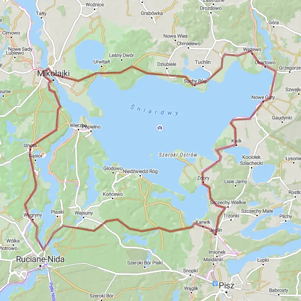 Miniatura mapy "Trasa przez Łuknajno i Jeglin" - trasy rowerowej w Warmińsko-mazurskie, Poland. Wygenerowane przez planer tras rowerowych Tarmacs.app