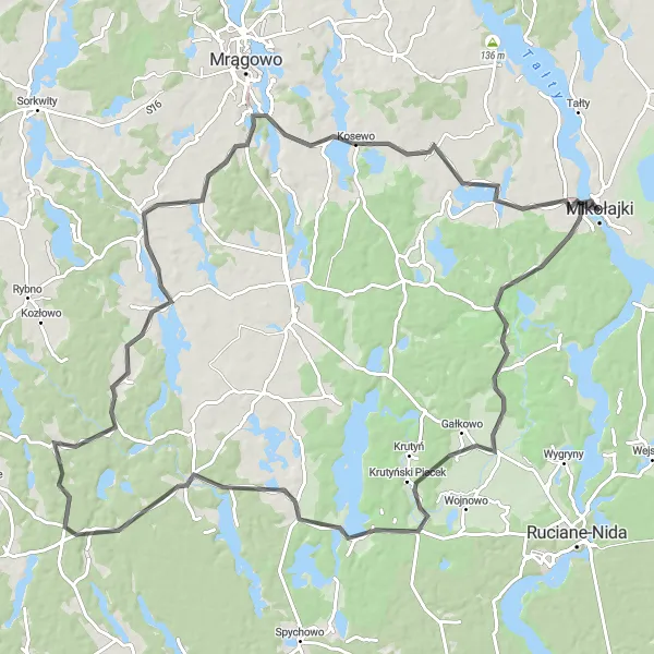 Miniatura mapy "Kręte drogi do Mikołajek" - trasy rowerowej w Warmińsko-mazurskie, Poland. Wygenerowane przez planer tras rowerowych Tarmacs.app