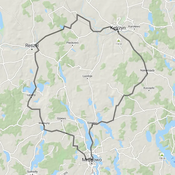 Miniatura mapy "Trasa szosowa do Reszla i Kętrzyna" - trasy rowerowej w Warmińsko-mazurskie, Poland. Wygenerowane przez planer tras rowerowych Tarmacs.app