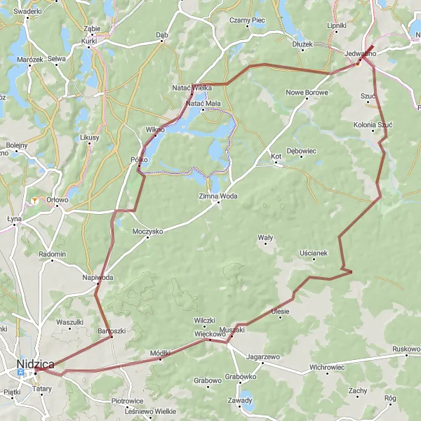 Map miniature of "Nidzica Gravel Adventure" cycling inspiration in Warmińsko-mazurskie, Poland. Generated by Tarmacs.app cycling route planner